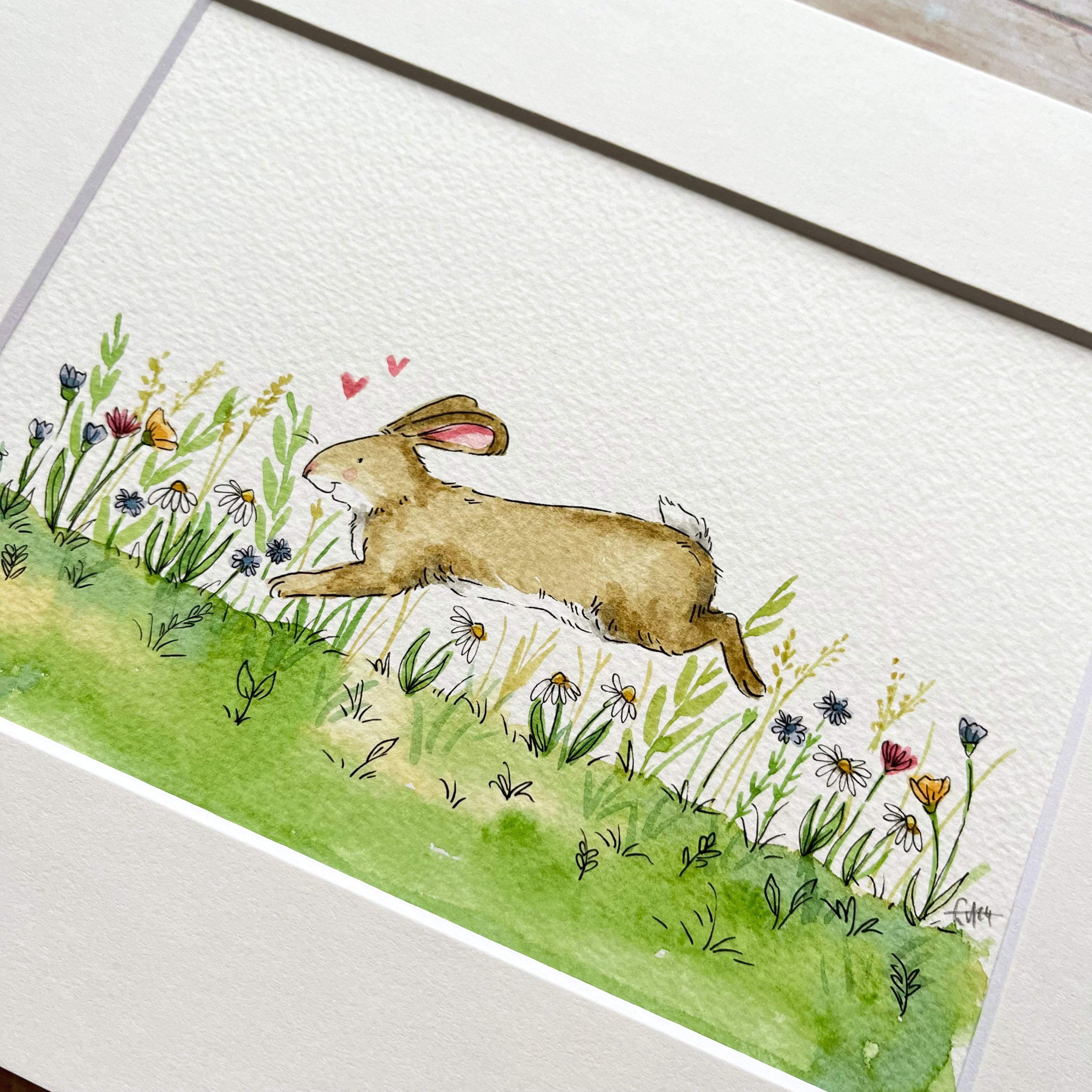 Rosalie the rabbit leaping through wildflower meadow - original illustration
