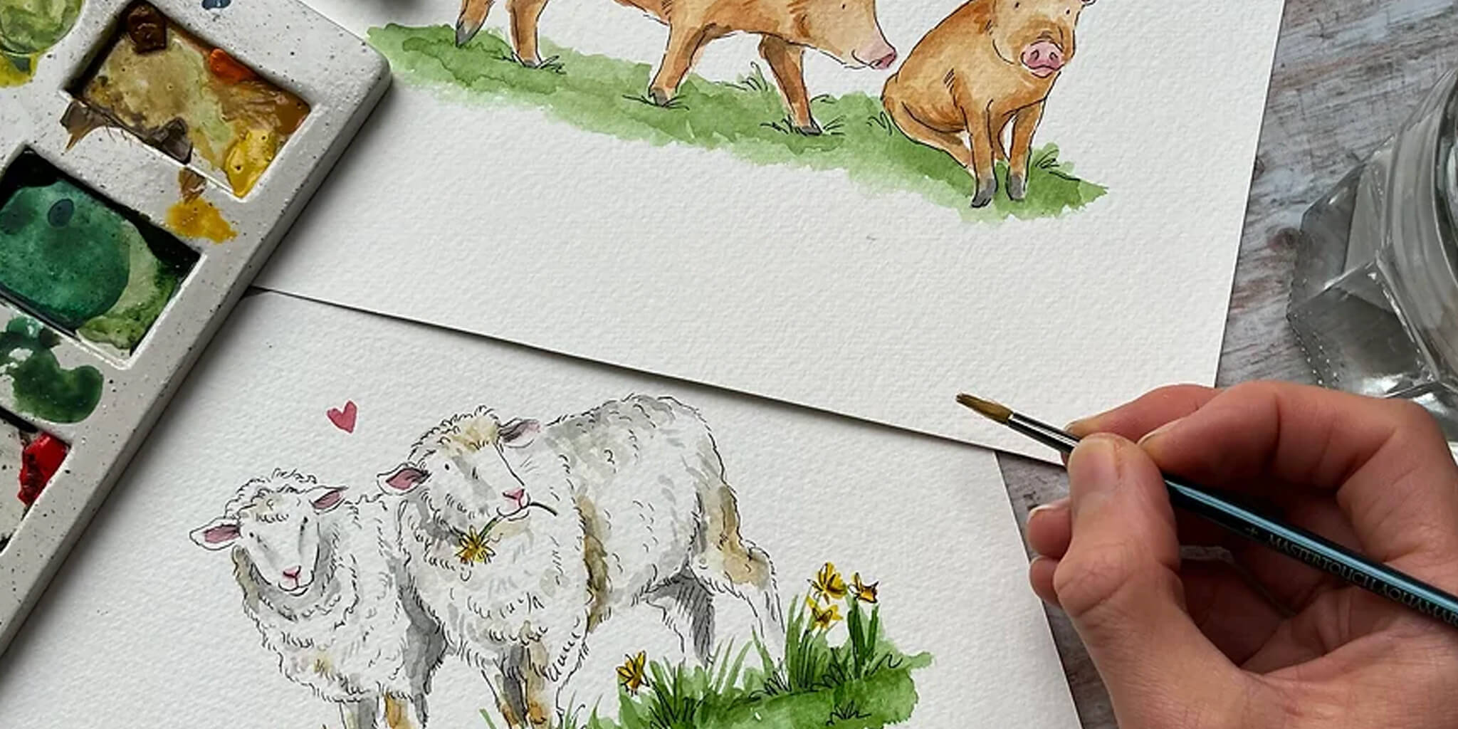 Workshop banner - Ellie painting a sheep and pigs