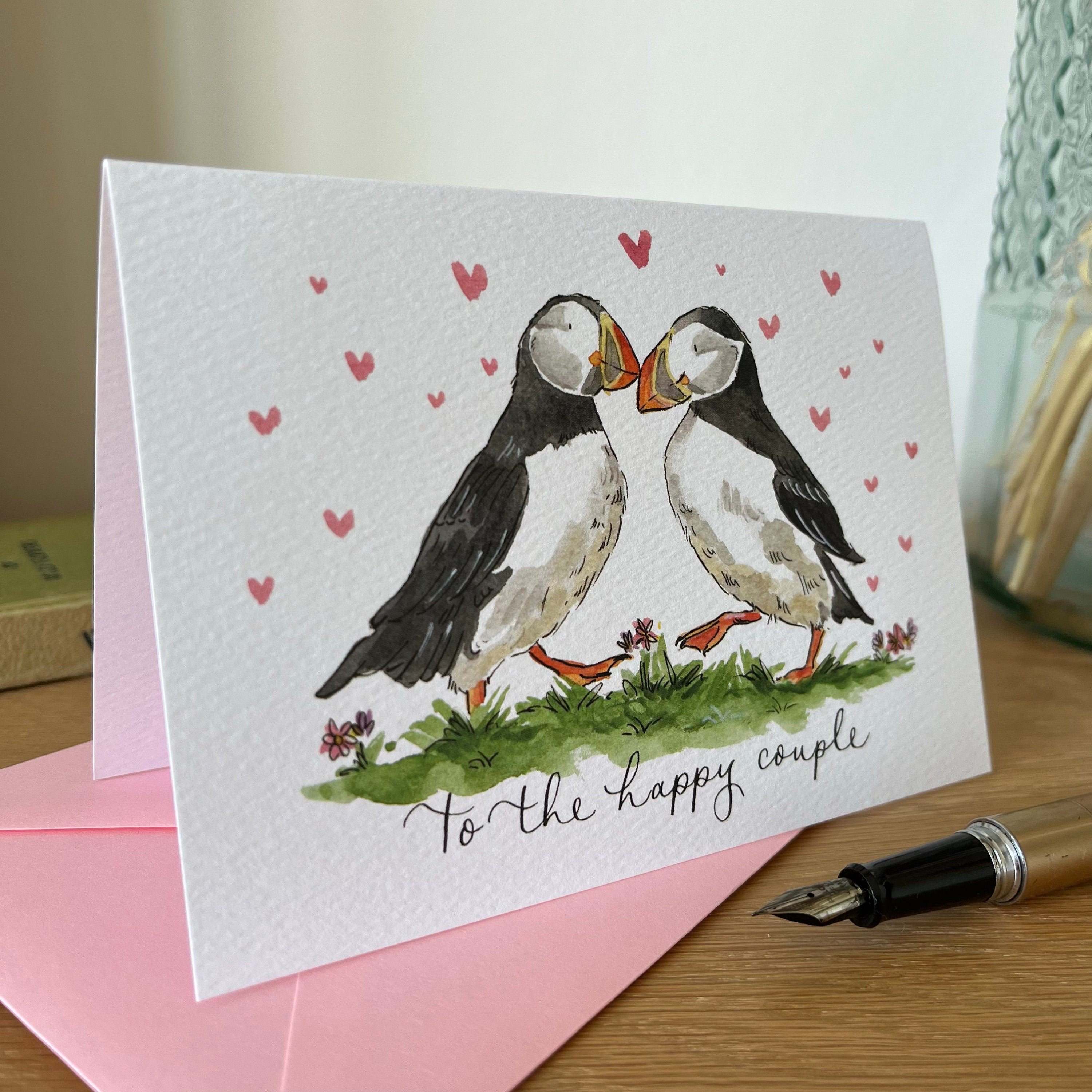 the happy couple puffin card