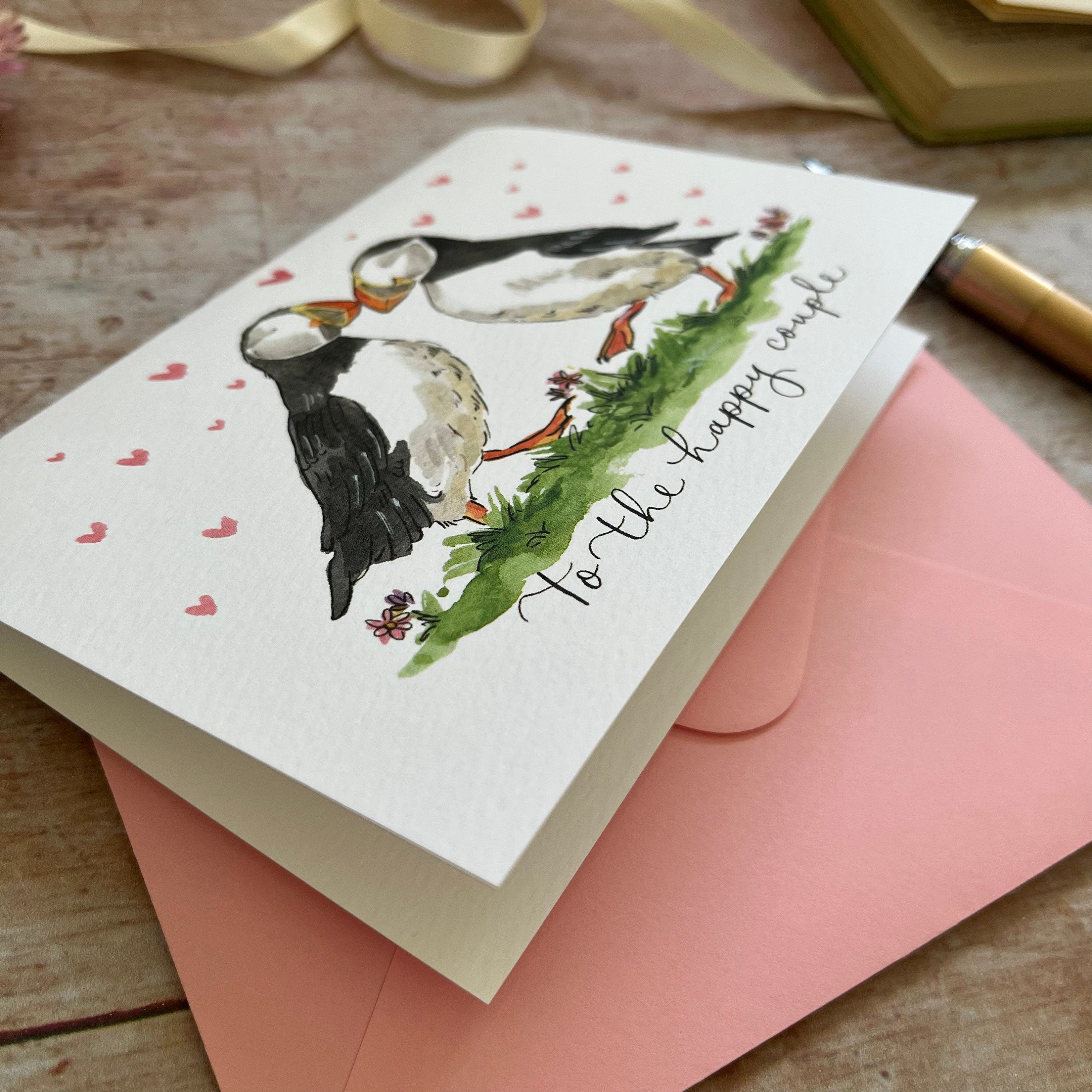 the happy couple puffin card