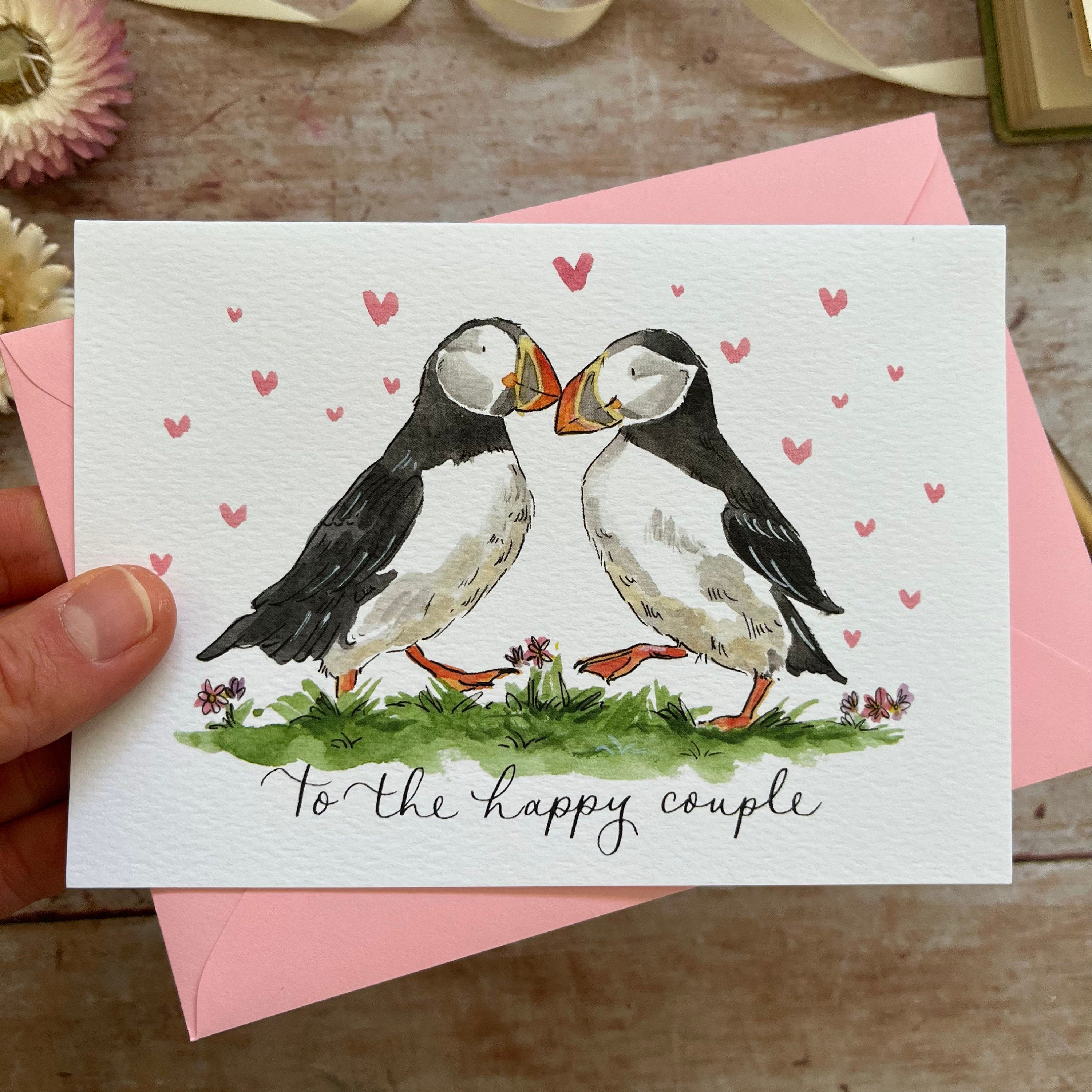 the happy couple puffin card