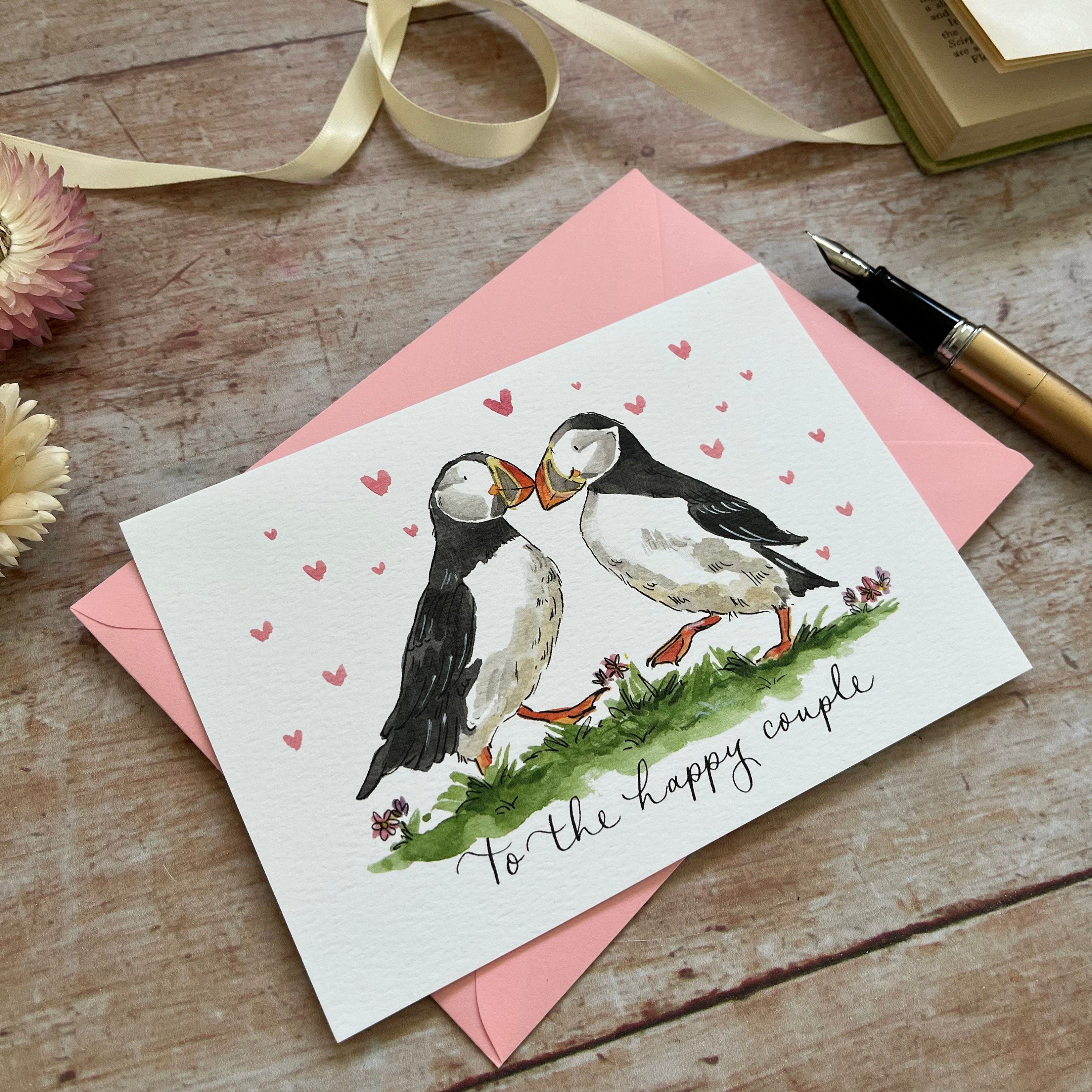 the happy couple puffin card