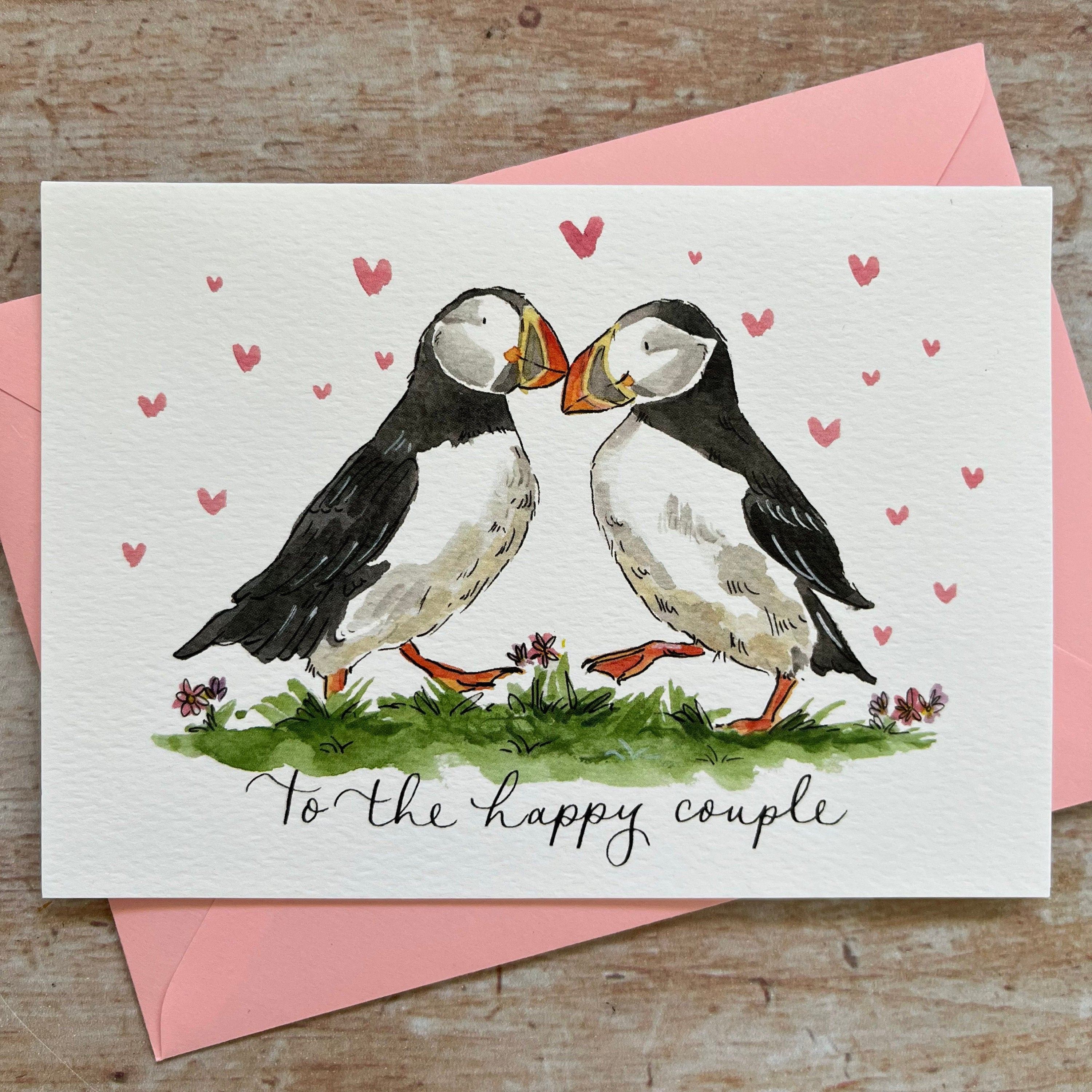 the happy couple puffin card